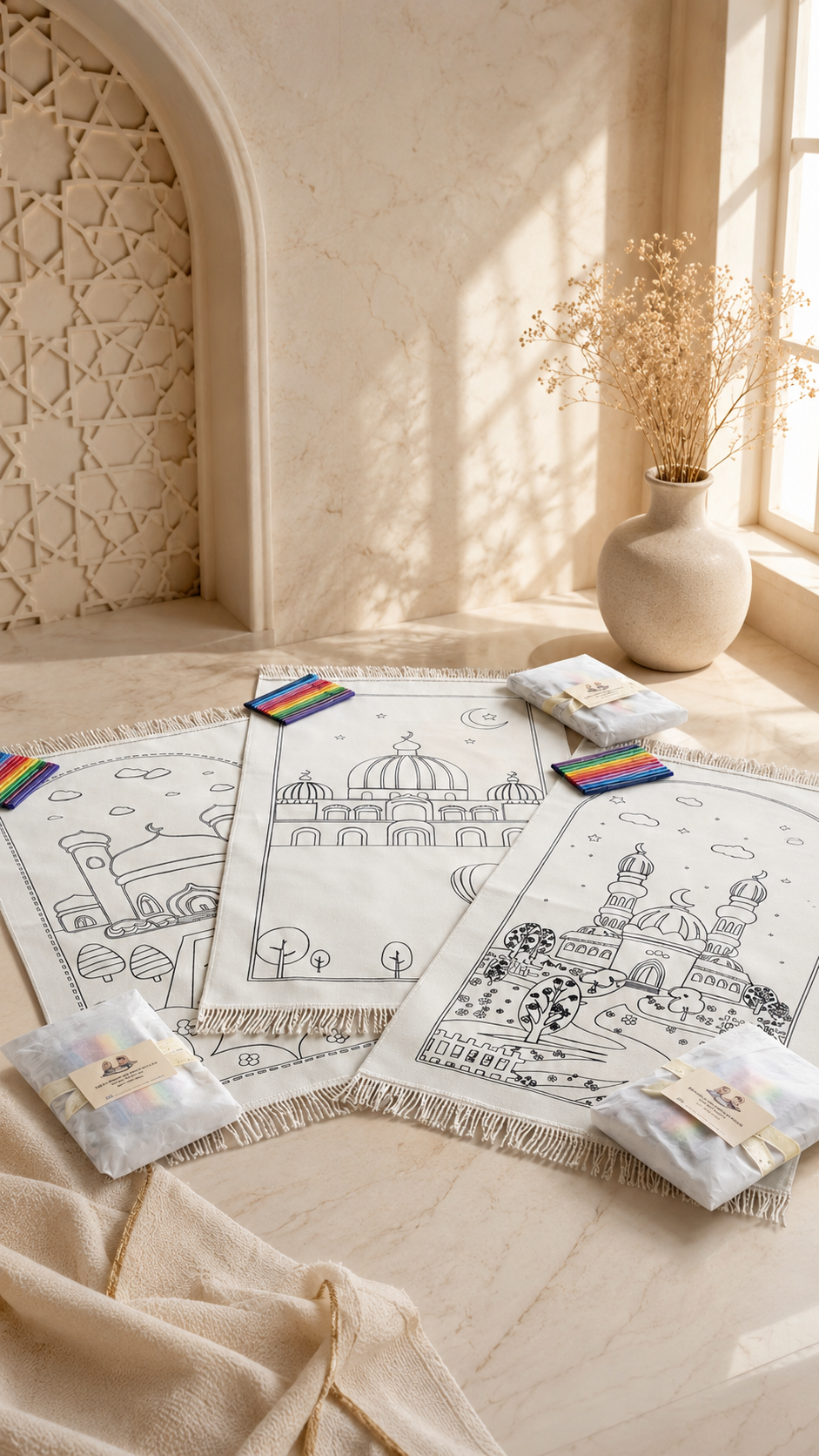 Colorable Kids' Prayer Mat Set – Incl. 12 Pens + Personalization Card – Washable & Reusable – Bayram / Eid Gift
